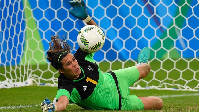 Matildas goalkeeper Lydia Williams makes a save at the Rio Olympics.