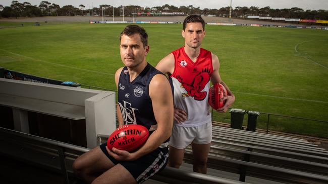 Southern Football League grand final preview. Noarlunga football club captain Tom Caudle with Flagstaff Hill football club captain David Kearsley at Flinders University Stadium where the will play off in the SFL grand final. Picture: Brad Fleet