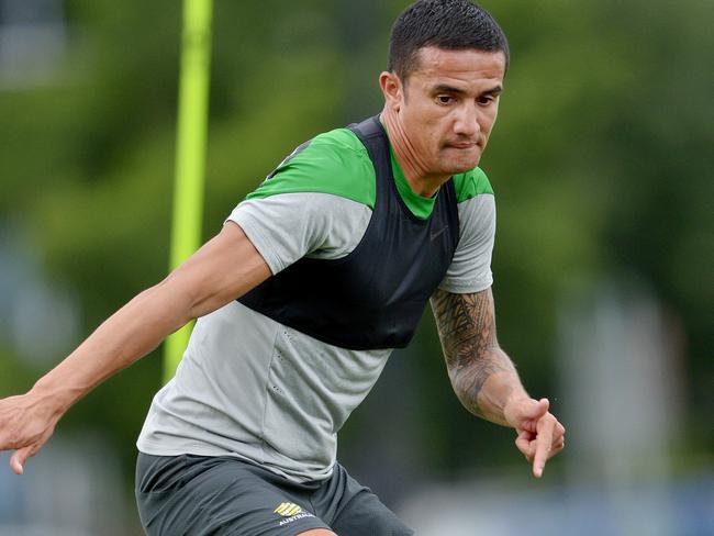 Tim Cahill and the Socceroos training at Olympic Park, Melbourne. Picture: Steve Tanner