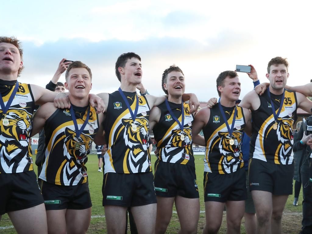 Tigers players celebrate. TSL grand final Kingborough Tigers V North Launceston. Picture: Nikki Davis-Jones