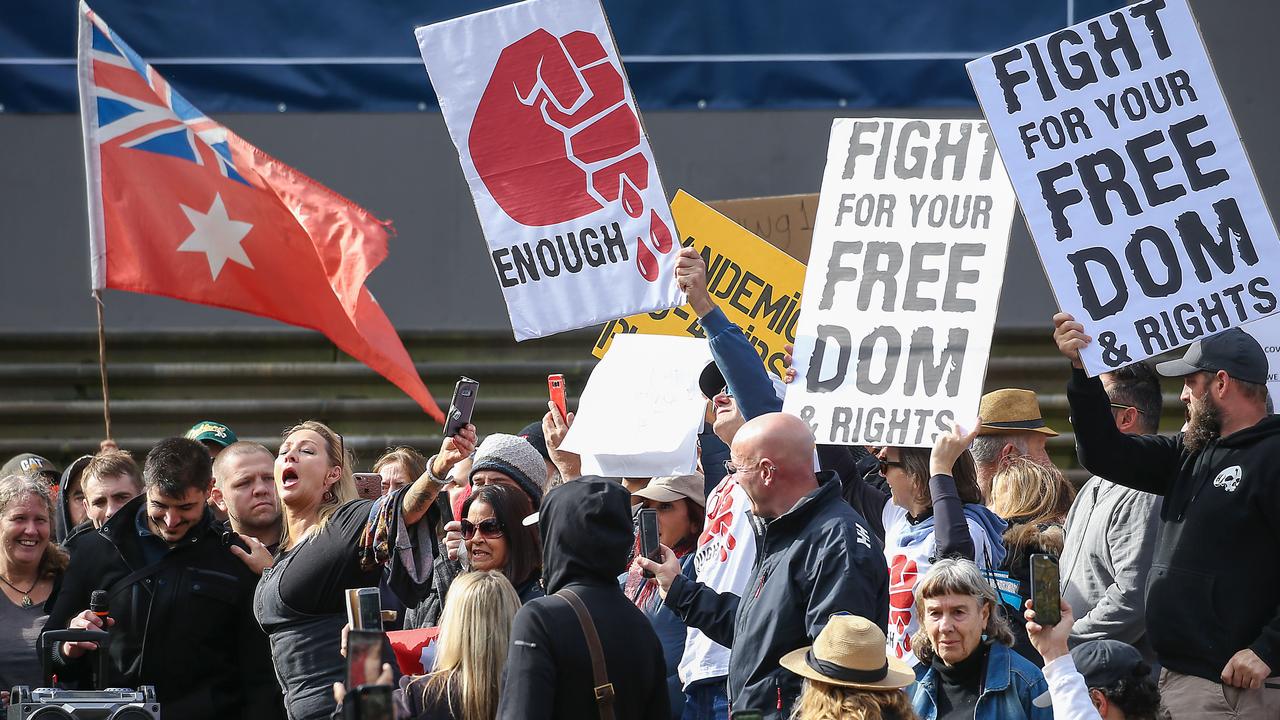 Anti-vaxxers protest outside Parliament House in Melbourne. They share similar views to My Place members who don’t believe in the Covid-19 vaccine. Picture: Ian Currie