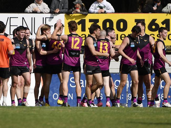 VAFA: Premier B Mens, Grand Final Old Haileybury Senior Mens vs De La Salle Senior Mens, played at Trevor Barker Oval, Sandringham, Victoria Sunday 22nd September 2024. Old Haileybury players celebrate a goal. Picture: Andrew Batsch