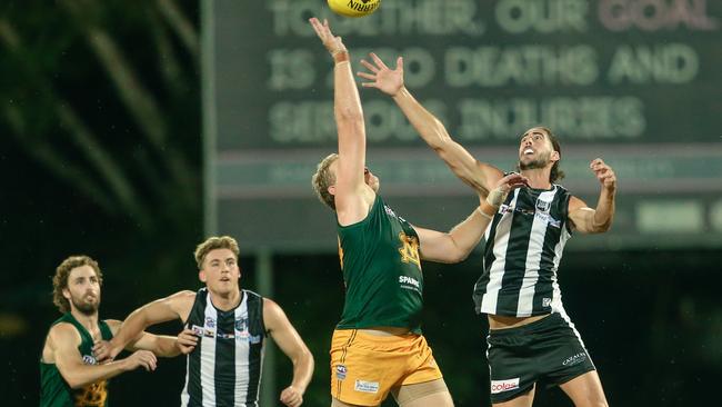 St Mary’s Ryan Smith jumps for the ball against Palmerston in the Gary Ablett Jr NTFL match. Picture: Glenn Campbell