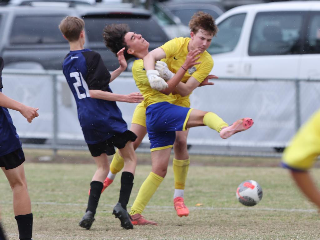 Premier Invitational Football 2024 tournament at Glennon Park Nerang. Field 1...Selwyn Utd (blue) V Brisbane Strikers (Yellow). Picture Glenn Hampson