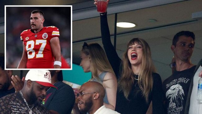 Taylor Swift attending Kansas City’s clash with the Jets in New York and (inset) Travis Kelce. Photos: Getty Images