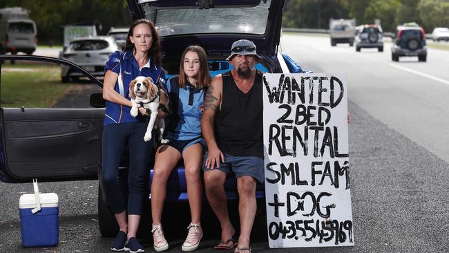 Last year Lee Maynard, her partner Tommy Vucetit and their daughter Claudia Vucetic, 13, have found themselves homeless with their dog Sparticus Picture: Brendan Radke