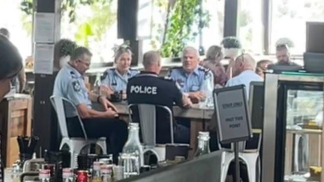 Gold Coast police top brass meet for coffee at Coomera cafe as staff unrest grows over an alleged cop-on-cop death threat debacle. Picture: Charlton Hart