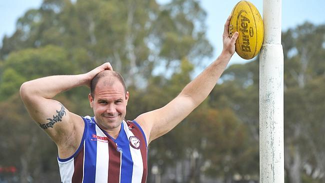 Kenilworth footballer Josh Blyth hit the goalpost with a kick to win the division five SA Amateur Football League grand final, but booted three majors as his side won the replay. Picture: Roger Wyman