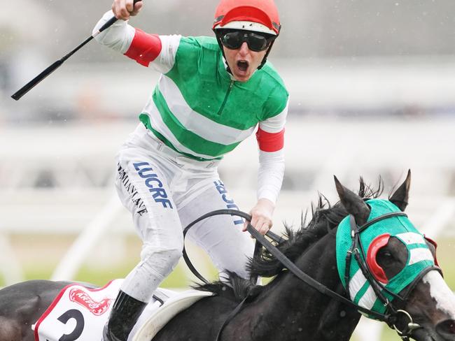 Jockey Damian Lane rides Mer De Glace to victory in race 9, the Stella Artois Caulfield Cup , during the Stella Artois Caulfield Cup Day at Caulfield Racecourse in Melbourne, Saturday, October 19, 2019. (AAP Image/Michael Dodge) NO ARCHIVING, EDITORIAL USE ONLY