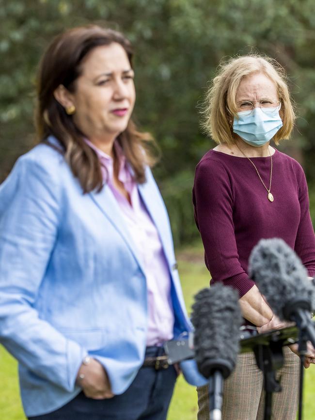 Former Queensland premier Annastacia Palaszczuk, left, and former chief health officer Dr Jeannette Young at a Covid press conference. Picture: Richard Walker