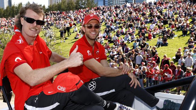 Sydney’s Nick Blakey and James Rowbottom during the parade. Picture: Phil Hillyard