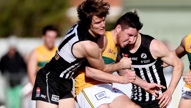 Jared Polec pressures Nick O'Brien into a mistake. Picture: Calum Robertson.