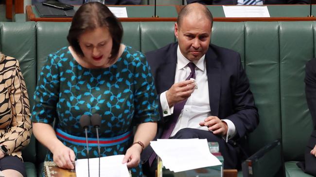 An emotional Josh Frydenberg, right, during Kelly O'Dwyer's Valedictory Speech. Picture: Gary Ramage