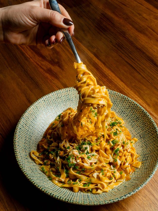 Tagliarini with blue swimmer crab and charred tomato broth at Rita's Bar and Restaurant, North Adelaide. Picture: Jack Fenby