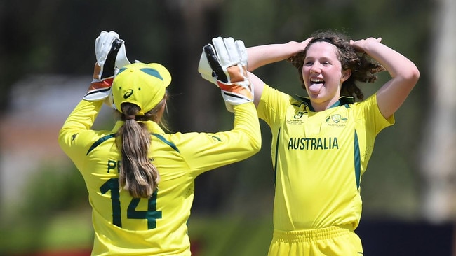 Maggie Clark celebrates a wicket with fellow South Australian Paris Hall. Picture: Cricket Australia