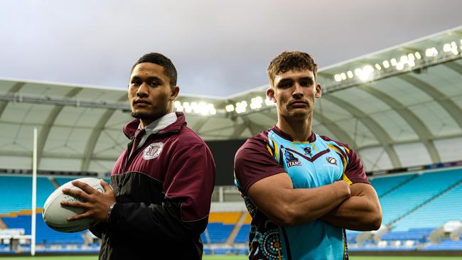 Marsden SHS's Will Semu (left) and Keebra Park SHS's Jack Schmidt ahead of their Langer Trophy clash at Cbus Super Stadium. Picture credit: Titans Media