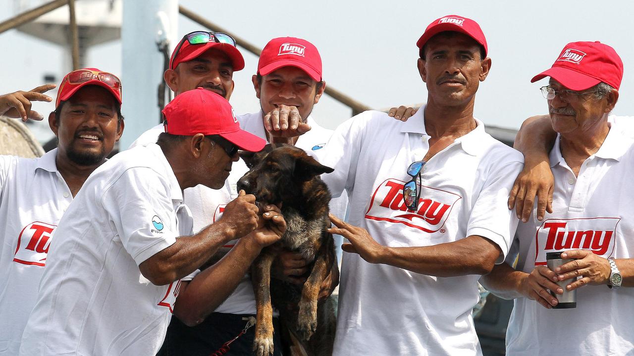 Members of the crew of the Mexican tuna vessel with Bella. Picture: Ulises Ruiz / AFP