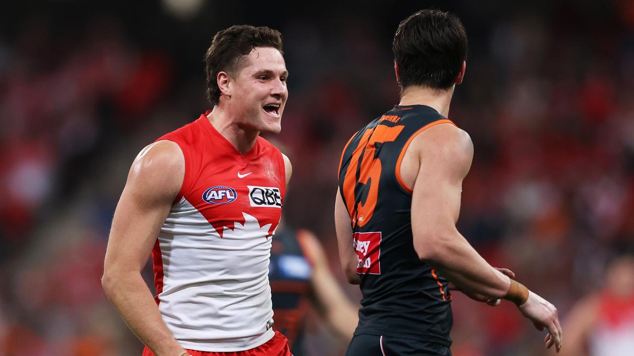 SYDNEY, AUSTRALIA - AUGUST 05: Hayden McLean of the Swans challenges Sam Taylor of the Giants during the round 21 AFL match between Greater Western Sydney Giants and Sydney Swans at GIANTS Stadium, on August 05, 2023, in Sydney, Australia. (Photo by Matt King/AFL Photos/via Getty Images)