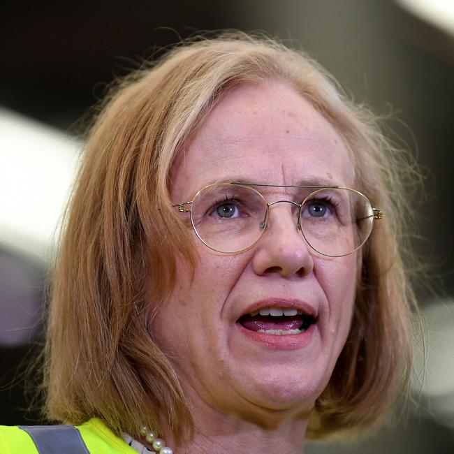 Queensland Chief Health Officer Dr Jeannette Young speaks during a press conference at the Metcash Export Services warehouse in Crestmead. Picture: NCA NewsWire / Dan Peled