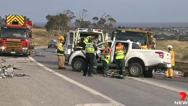 A car and bus crashed on Victor Harbor Rd, and the road is currently closed. Picture: 7 News