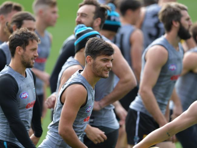 Port Adelaide players are seen during a captains run training session at Adelaide Oval.