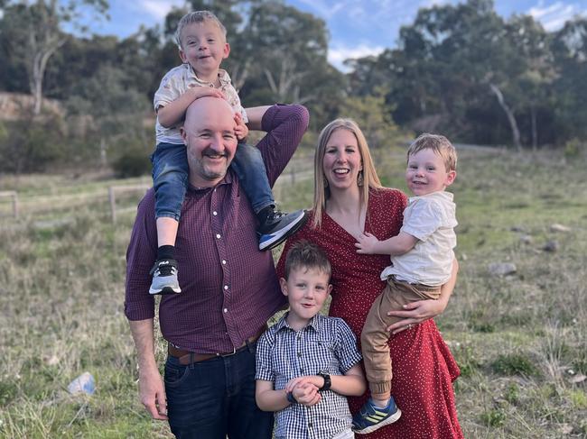 With cost of living pressures biting, Adelaide mum of three Melanie Wegener has become more conscious of limiting unnecessary purchases, while also selling off goods around their home they no longer use to help boost their coffers. She is pictured here with husband Darren and children Finn, 8, Archie, 5, and Banjo, 3. Picture: Supplied.