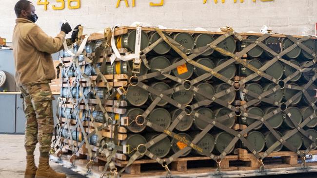 Ammunition, weapons and other equipment are prepared for shipping to Ukraine at a US air base. Picture: AFP/Mauricio Campino/US Air Force.