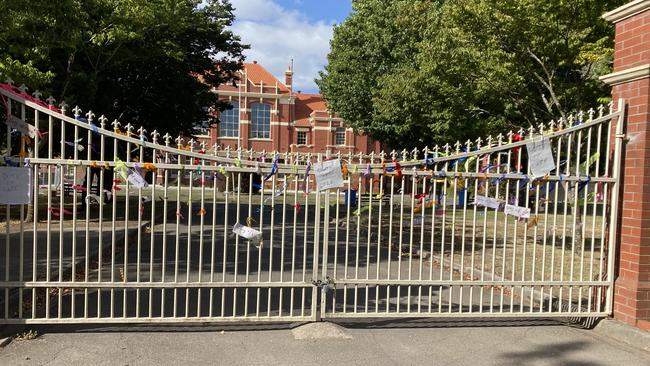 Ribbons tied to the gates of Ballarat High School after senior music teacher Damien Woods was stood down and charged. Picture: Supplied