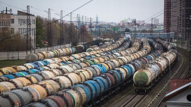 Rail wagons for oil, fuel and liquefied gas cargo in sidings at Yanichkino railway station, close to a Gazprom refinery in Moscow. Picture: Andrey Rudakov / Bloomberg