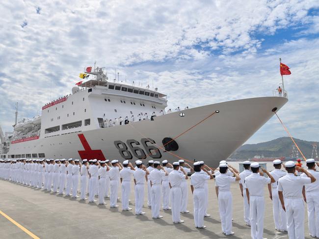 ZHOUSHAN, CHINA - JULY 03: Chinese naval hospital ship Peace Ark departs from a port for a number of countries in South Pacific for humanitarian medical work on July 3, 2023 in Zhoushan, Zhejiang Province of China. The hospital ship will visit Kiribati, Tonga, Vanuatu, the Solomon Islands and East Timor during the Mission Harmony-2023. (Photo by VCG/VCG via Getty Images)