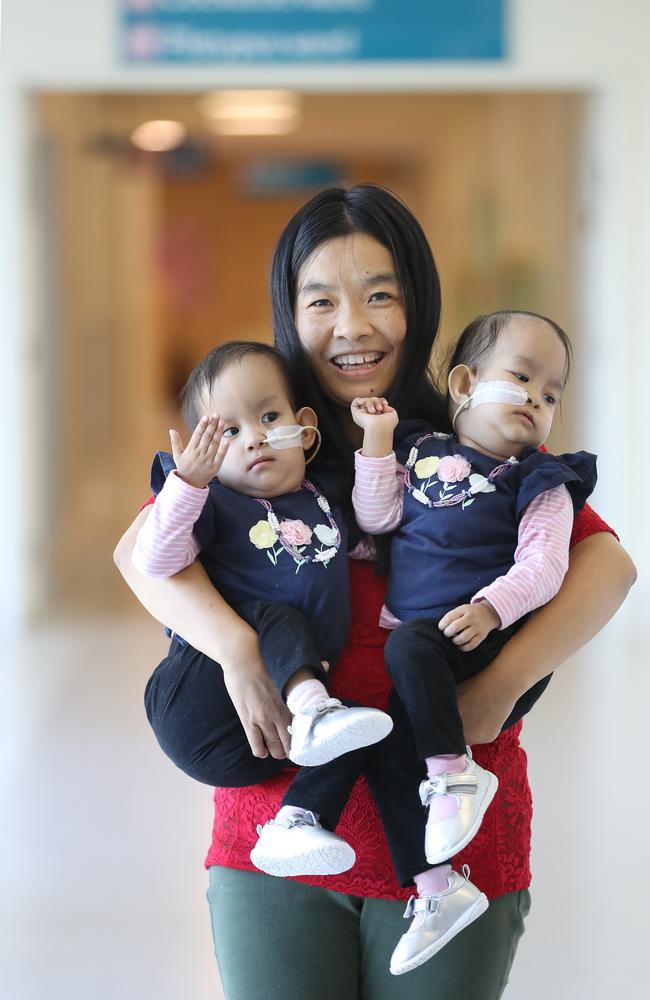 Mum Bhumchu Zangmo leaves the Royal Children's Hospital with twins Nima and Dawa. Picture: Alex Coppel