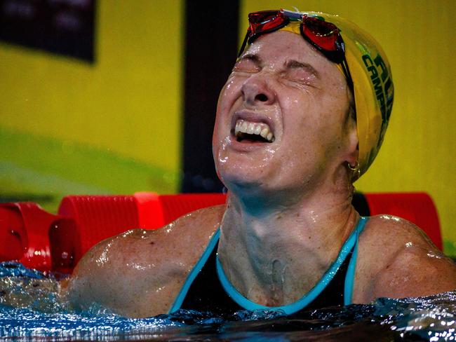 Cate Campbell reacts after competing in the 100m freestyle heats. Picture: Patrick Hamilton