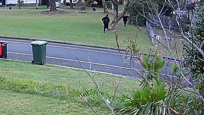 Two people seen running through a park.