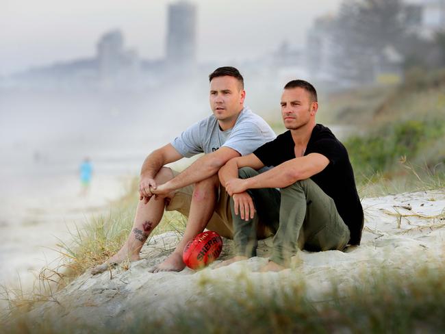 Bali bombing victims Mitchell, left, and the late Jake Ryan remember teammate Billy Hardy who was killed by the blast. Picture: Luke Marsden.