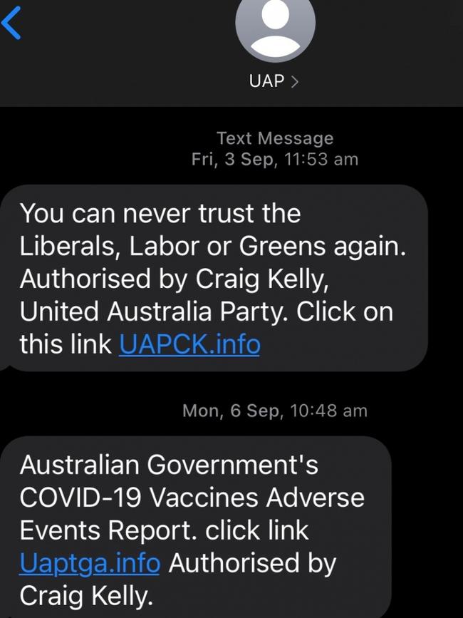 Text messages sent and authorised by Craig Kelly.