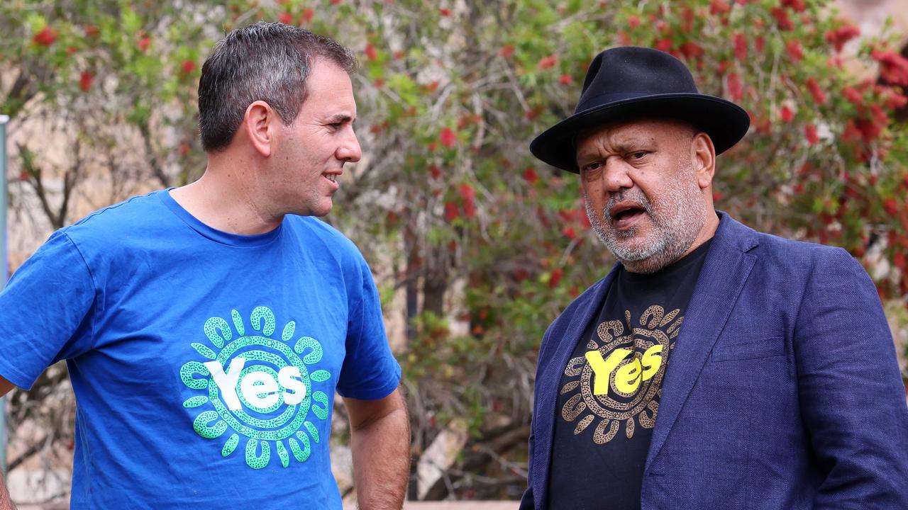 Federal Treasurer Jim Chalmers and Indigenous leader Noel Pearson during the Yes launch at the University of Queensland in Brisbane. Picture: NCA NewsWire/Tertius Pickard