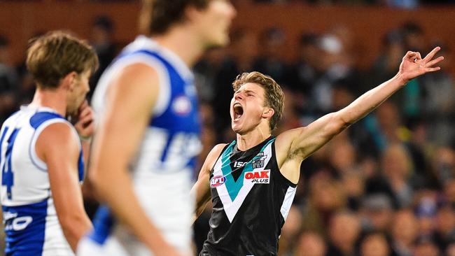 Xavier Duursma with his bow and arrow goal celebration in the round 6 game against North Melbourne at Adelaide Oval. Picture: Daniel Kalisz/Getty Images