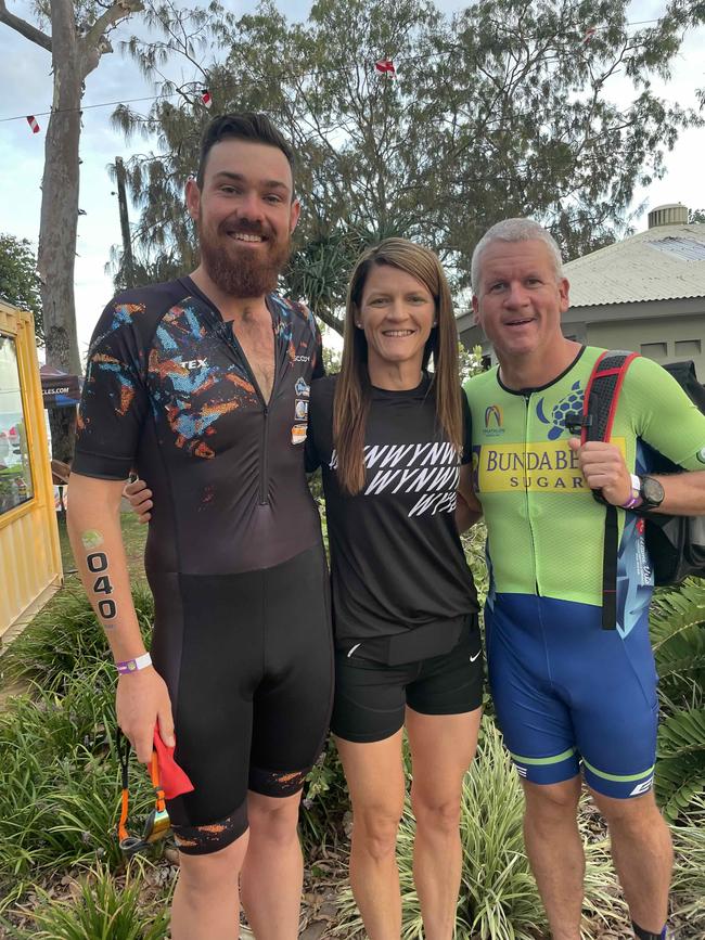 Tristain Anderson, Jo Hatt and Grand Little at the Hervey Bay 100 Triathlon on Sunday, November 26, 2023.