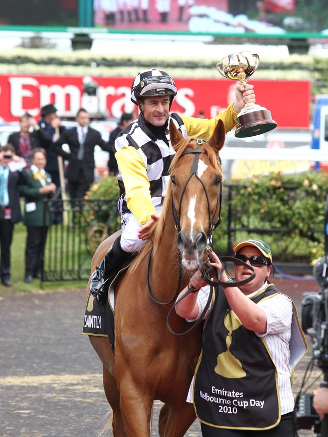 Jockey Darren Beadman and Saintly before the 2010 Melbourne Cup.at Flemington.