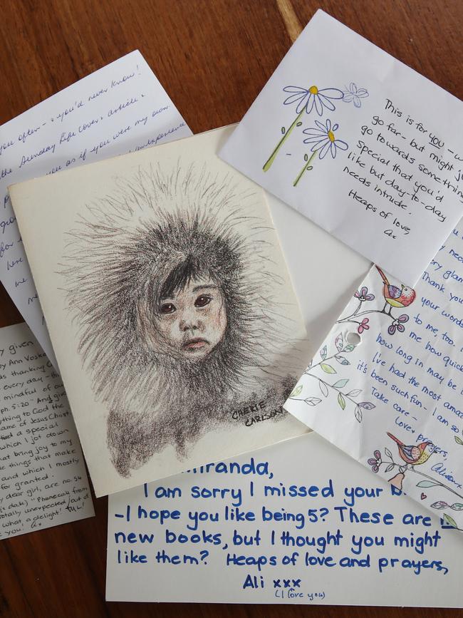 Some of the beautiful letters Sydney-based author Suzanne Leal and her daughter Miranda, 8, have been receiving from Suzanne’s mother’s best friend. Picture: David Swift