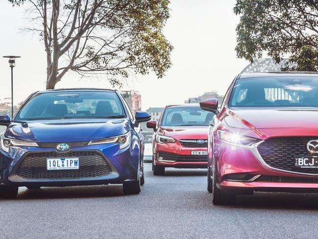 Photo of comparison test between Mazda3 sedan, Toyota Corolla sedan and Subaru Impreza sedan. Picture: Thomas Wielecki.