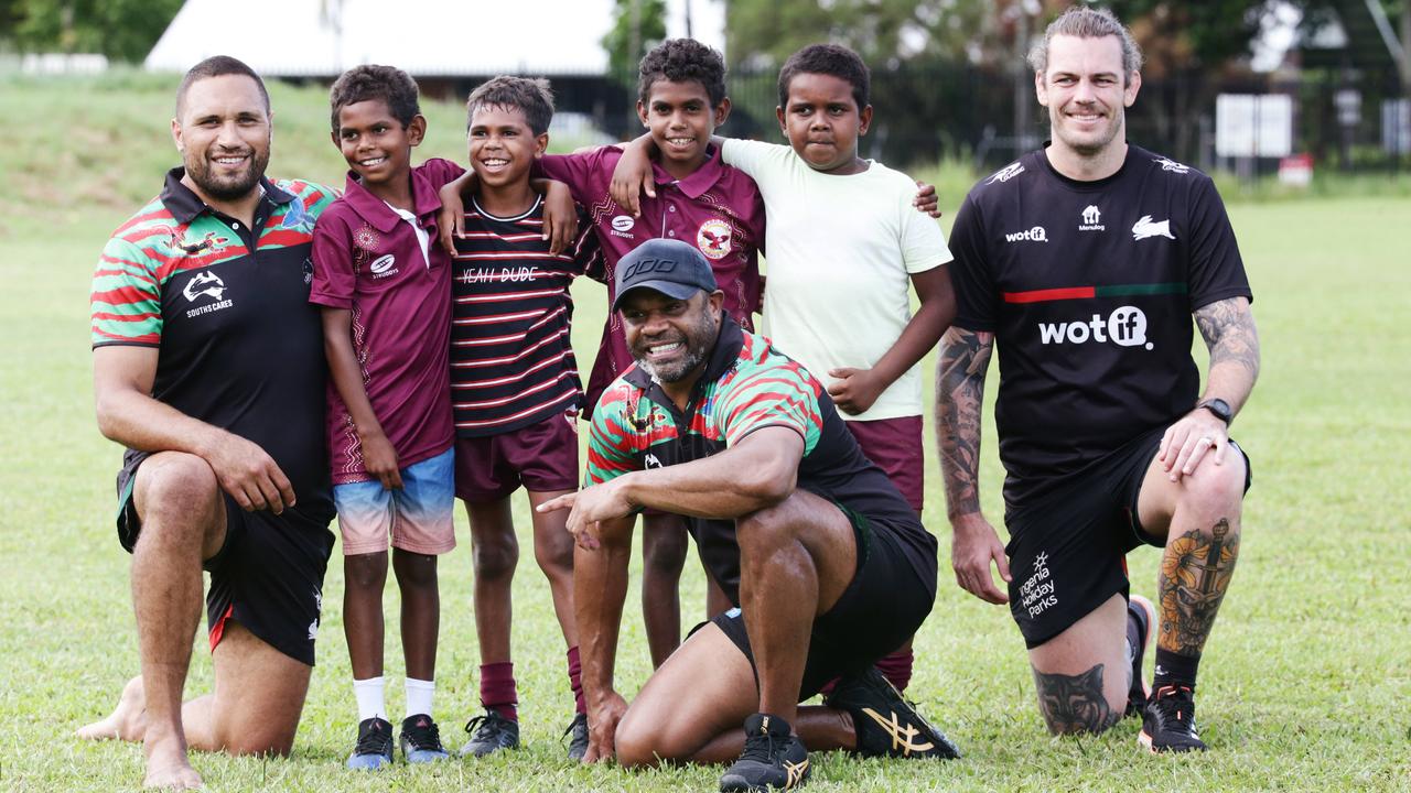 Former South Sydney Rabbitohs players Yileen Gordon, Rhys Wesser and Ethan Lowe hosted and played a coaching clinic for Yarrabah children Alanby Richards, 11, Richard Murgha, 11, Cornelius Richards, 12, and Hilton Richards, 11, at Yarrabah's Jilara Oval. Picture: Brendan Radke