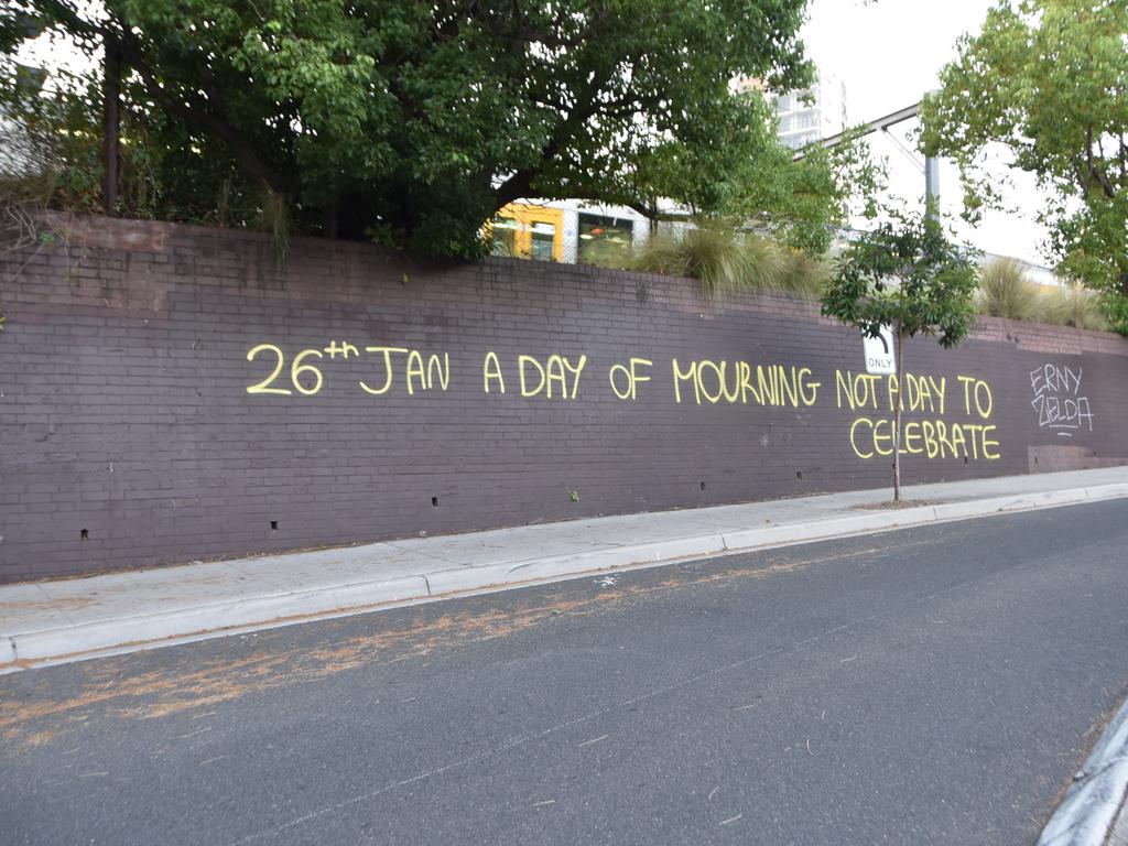 Invasion Day sign seen on a street in Erskineville, Sydney on January 26, Australia Day 2021. Picture: Victoria Nielsen/news.com.au