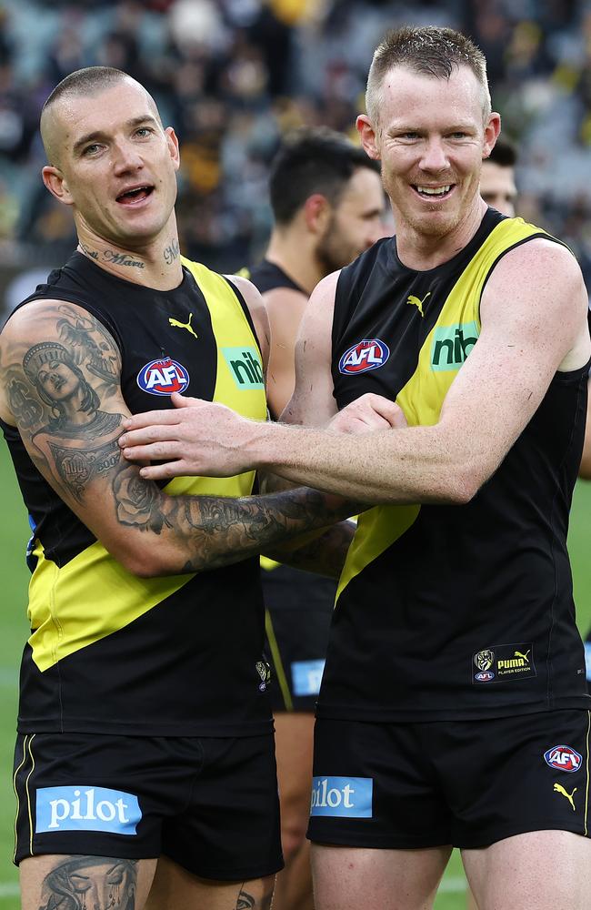 Dustin Martin and Jack Riewoldt embrace. Picture: Michael Klein