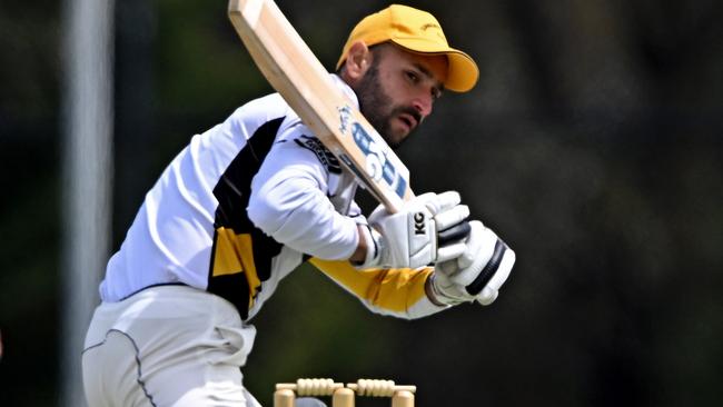 Sunbury UnitedÃs Amrit Sandhu during the GDCA McIntyre Shield: Diggers Rest Bulla v Sunbury United cricket match at Bloomdale Oval in Diggers Rest, Saturday, Nov. 11, 2023. Picture: Andy Brownbill