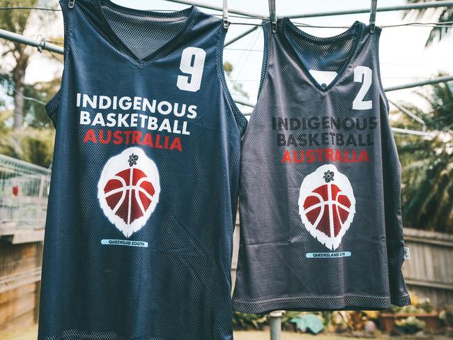 The singlets that the athletes will wear in the Indigenous Basketball Australia (IBA) league, which was founded by Australian NBA star Patty Mills to give back to the next generation. Picture: Supplied