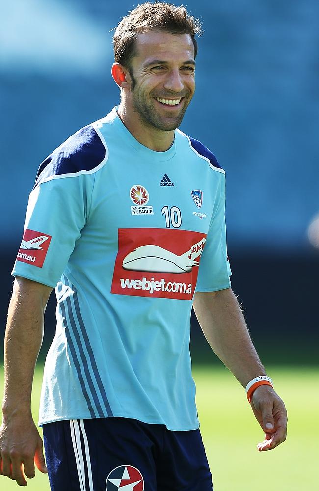 Smiling assassin ... Alessandro Del Piero at Sydney FC training. Picture: Phil Hillyard