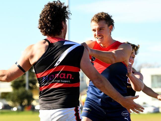 Players wrestle during the round nine 2023 Victorian Amateur Football Association William Buck Premier MenÃs match between Old Brighton and Old Xaverians at Brighton Beach Oval in Brighton, Victoria on June 17, 2023. (Photo by Josh Chadwick)