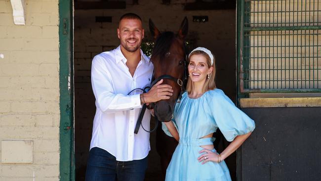 Buddy Franklin and Kate Waterhouse with Shout The Bar. Buddy has promised to “shout the bar” if the mare wins the 1600m All Star Mile on Saturday. Picture: Justin Lloyd