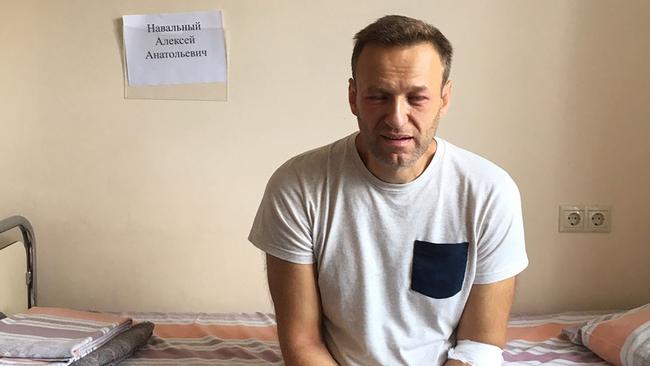 Navalny released a picture of himself on a hospital bed in Moscow, in July 2019, revealing his face puffy, alleging he was poisoned in his prison cell, after being arrested for calling an unauthorised anti-Kremlin rally. Picture: AFP